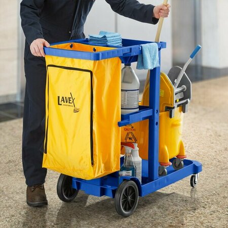 LAVEX Blue 3-Shelf Janitor Cart with Yellow Vinyl Zippered Bag 274JC3BLZPYL